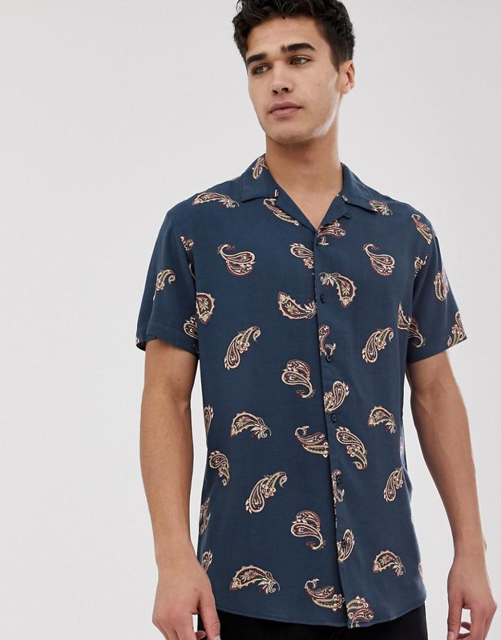 Jack & Jones Premium Slim Fit Viscose Shirt In Paisley Print-navy