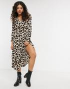 Pieces Midi Dress With Ruffle Shoulders In Leopard Print-multi