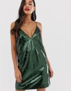 Asos Design All Over Sequin Mini Cami Dress - Green