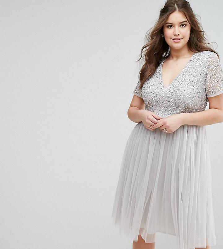 Maya Plus Cap Sleeve V Neck Midi Dress With Tonal Delicate Sequins - Gray