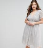 Maya Plus Cap Sleeve V Neck Midi Dress With Tonal Delicate Sequins - Gray