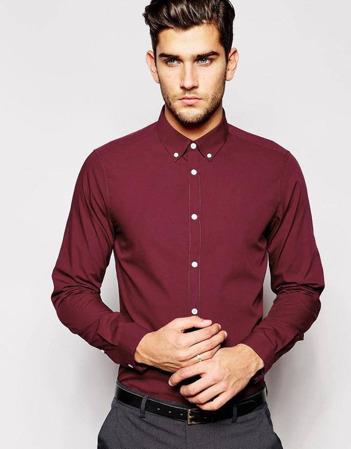 Asos Smart Shirt In Long Sleeve With Button Down Collar - Burgundy