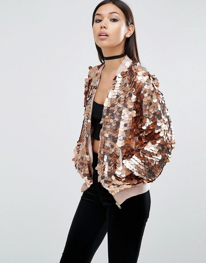 Asos Bomber Jacket In Metallic Disc Sequins - Gold