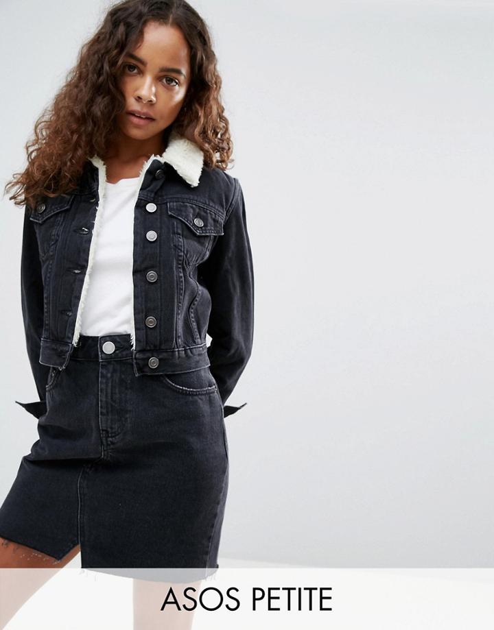 Asos Petite Denim Shrunken Borg Jacket In Washed Black - Black