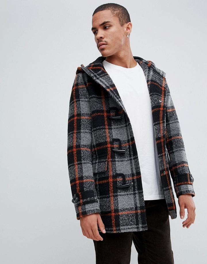 Asos Design Wool Mix Duffle Coat With Orange Check In Black - Black
