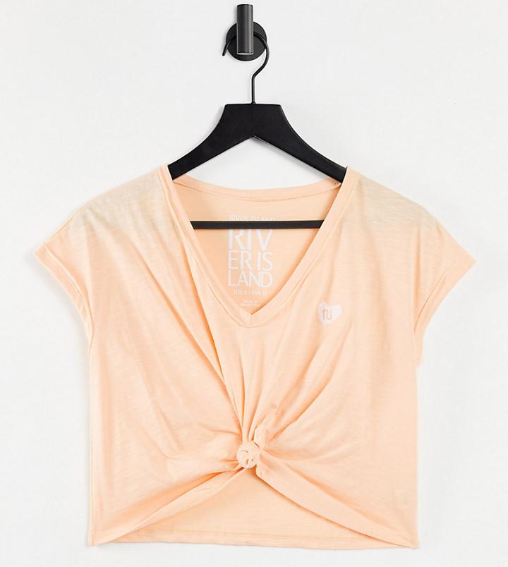River Island Petite Knot Tie Front T-shirt In Beige-neutral