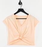 River Island Petite Knot Tie Front T-shirt In Beige-neutral