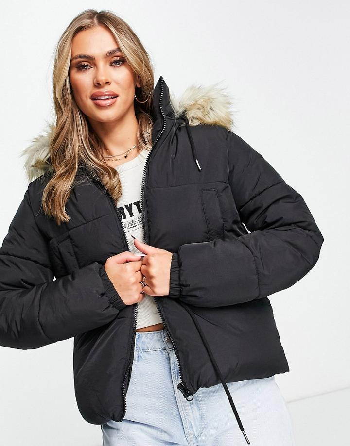 Topshop Tie Waist Padded Jacket With Faux Fur Hood In Black