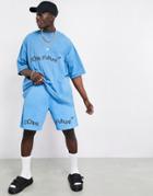 Asos Dark Future Jersey Shorts In Teal With Logo Print - Part Of A Set-blues