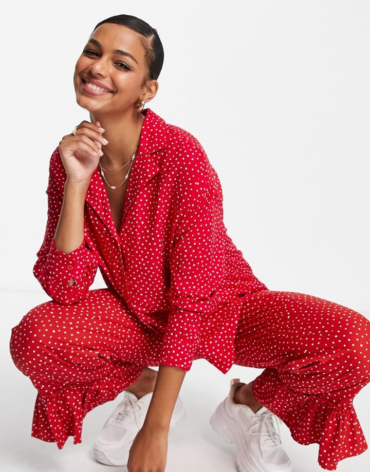 Monki Madelene Ecovero Polka Dot Print Shirt In Red - Part Of A Set
