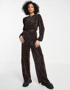 Asos Design Long Sleeve Belted Plisse Jumpsuit In Cherry Print-multi
