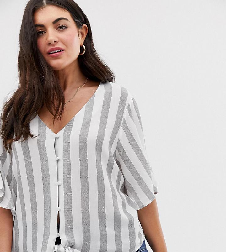 Brave Soul Plus Dani Stripe Top With Button Front - Gray