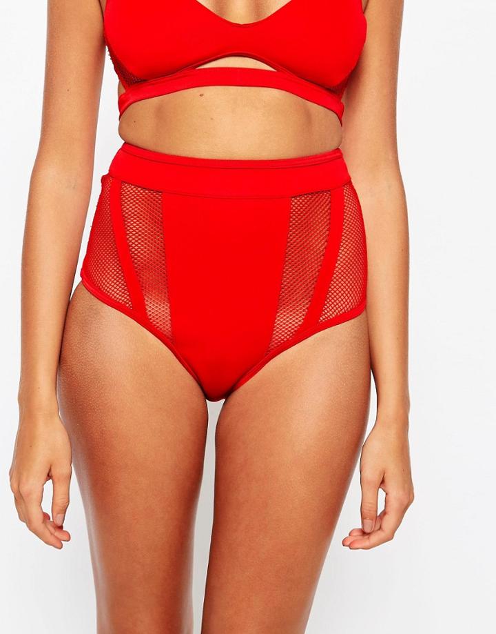 Asos Neoprene Fishnet Insert Panel High Waist Bikini Bottom - Red