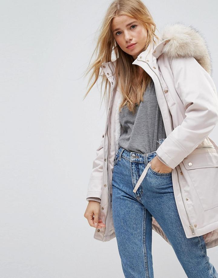 Miss Selfridge Faux Fur Collar Luxe Longline Parka - Multi