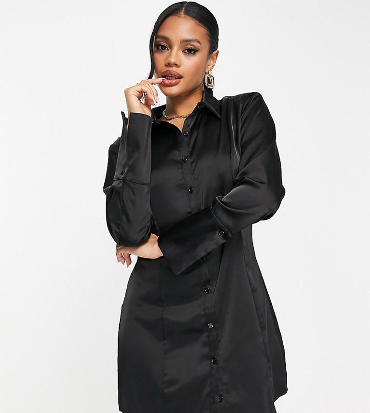 Missguided Shirt Dress With Deep Cuffs In Black Satin