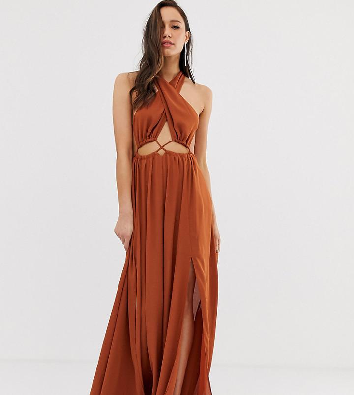 Asos Desgin Tall Maxi Dress With Cross Neck And Cut Out Waist Detail - Beige