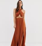 Asos Desgin Tall Maxi Dress With Cross Neck And Cut Out Waist Detail - Beige