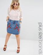 Alice & You Denim Aline Skirt With Floral Embroidery - Blue