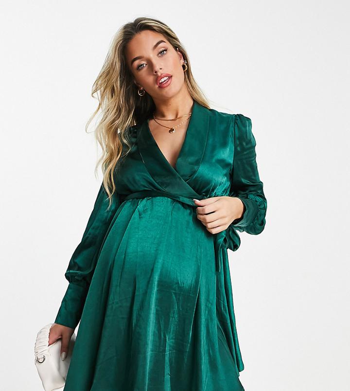 Club L London Maternity Satin Wrap Detail Mini Skater Dress In Emerald Green