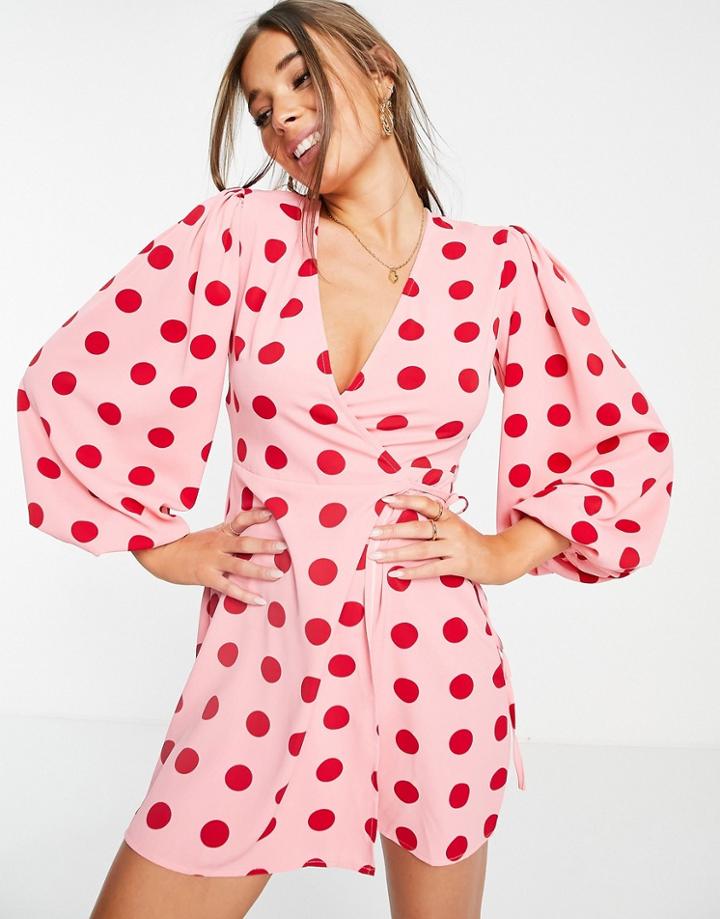 Glamorous Mini Long Sleeve Wrap Dress In Pink Red Spot-multi