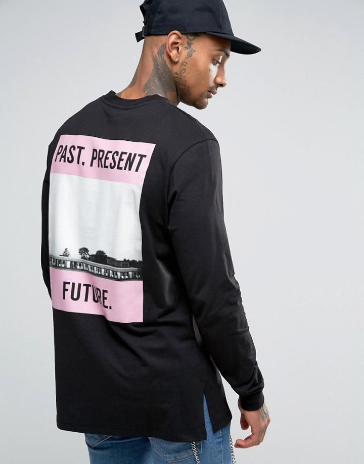 Asos Longline Long Sleeve T-shirt With Photo Back Print - Black