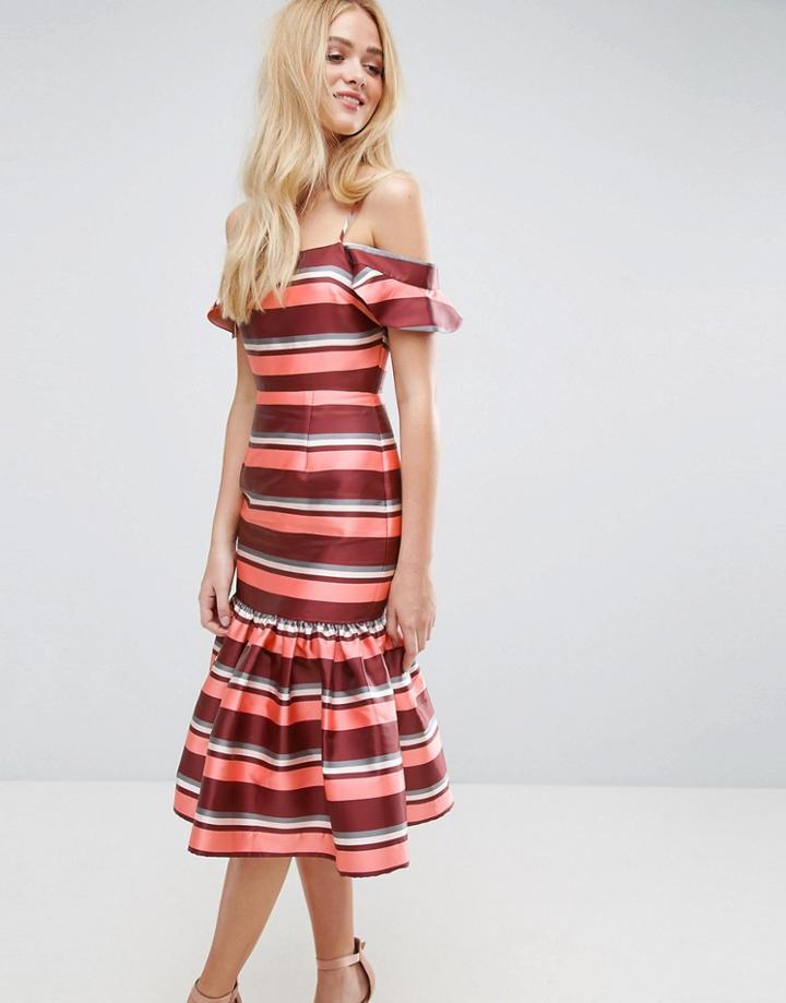 Asos Stripe Drop Seamed Midi Dress With Flutter Sleeves - Multi
