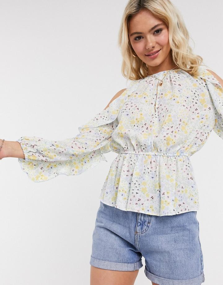 Asos Design Floral Cold Shoulder Top With Ruffle-multi