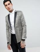 Asos Design Skinny Tuxedo Suit Jacket In Gold Honeycomb Effect With Black Contrast Lapel - Gold