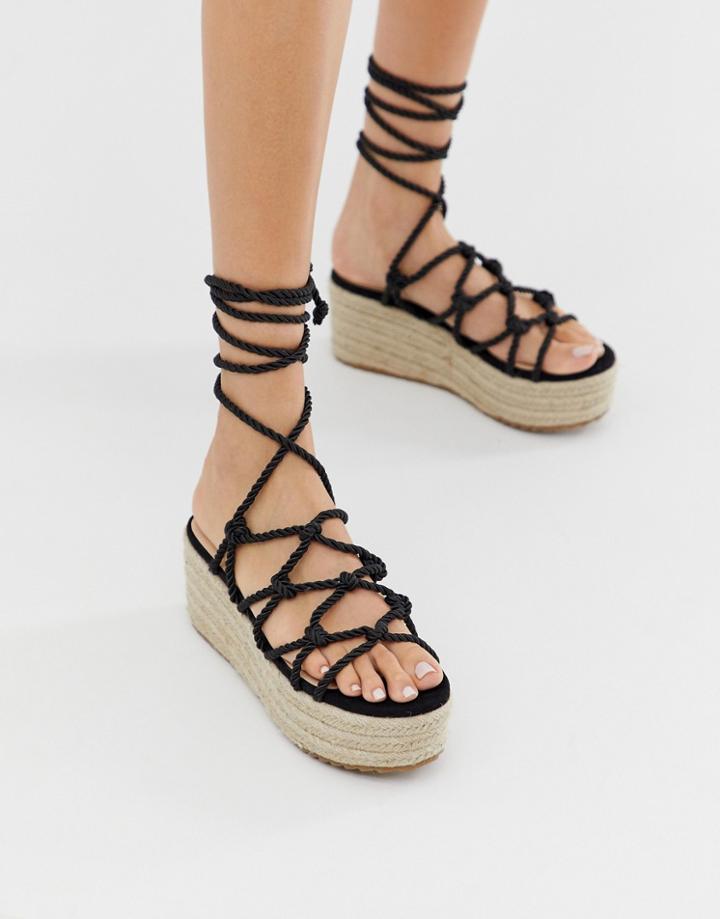 Public Desire Sasha Black Rope Espadrille Flatform Sandals - Black