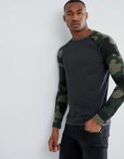 Asos Design Long Sleeve T-shirt With Camo Sleeves - Black