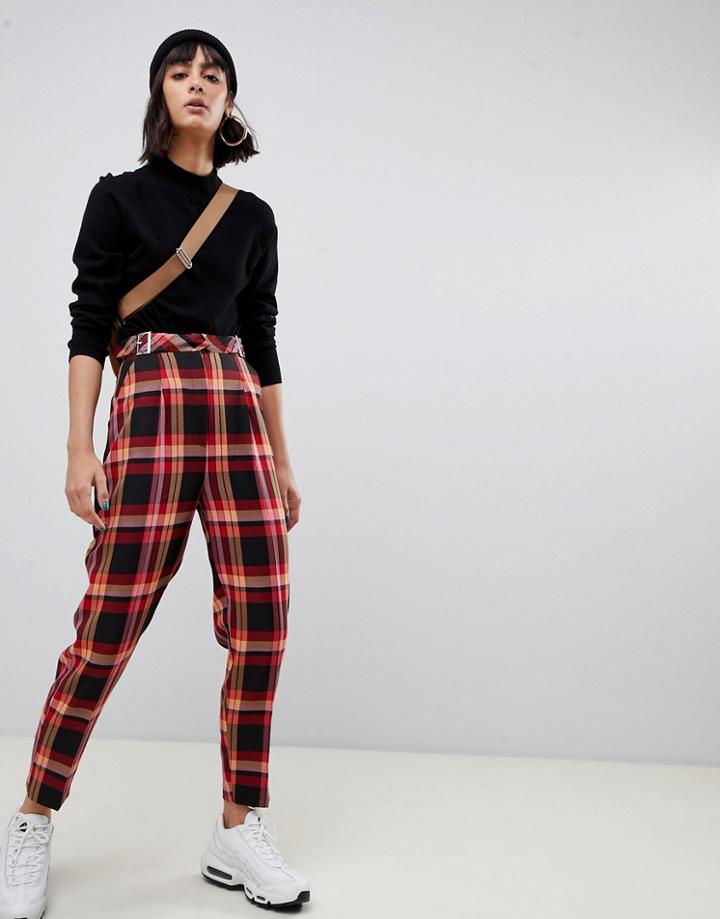 Asos Design Check Tapered Pants With Buckle Detail-multi