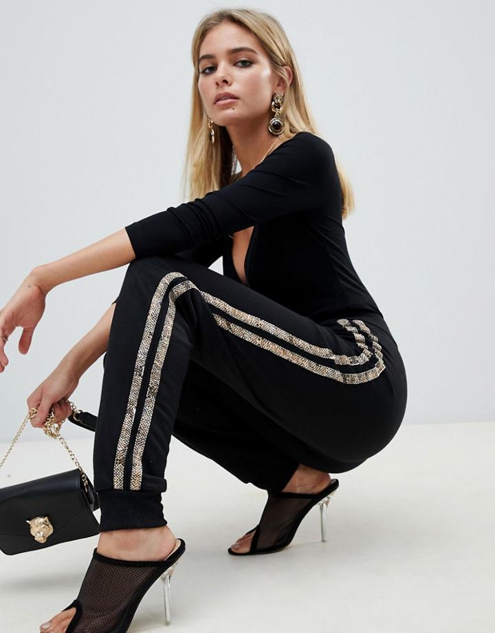 Prettylittlething Snake Side Stripe Joggers In Black - Black