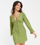 Asos Design Petite Button Through Mini Dress With 70s Sleeve In Khaki Ditsy Print-multi