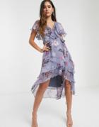 Asos Design Cape Back Dipped Hem Midi Dress In Soft Check Floral Print-multi