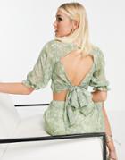 Miss Selfridge Bust Detail Jacquard Tie Back Top In Sage-green