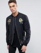 Religion Souvenir Bomber Jacket With Flower Embroidery - Black