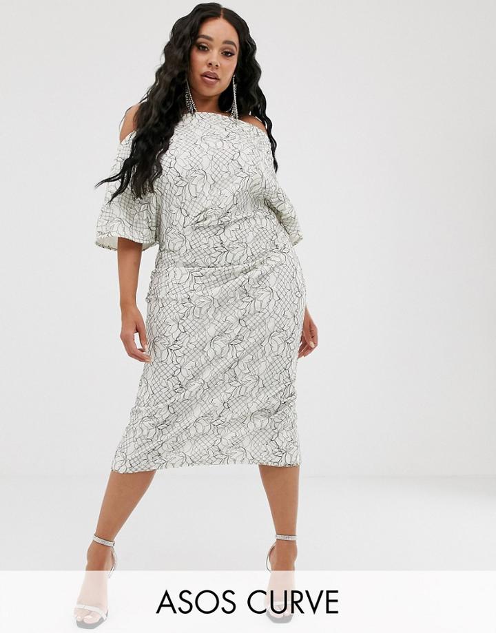 Asos Design Curve Fallen Shoulder Lace Midi Dress-multi