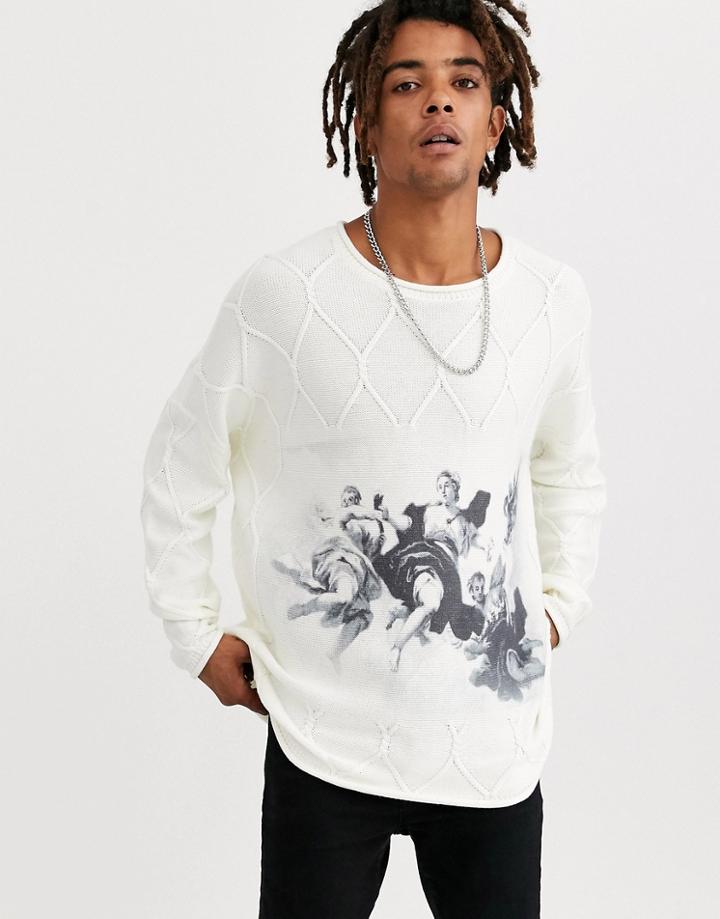 Heart & Dagger Printed Cable Knit Sweater In Camel