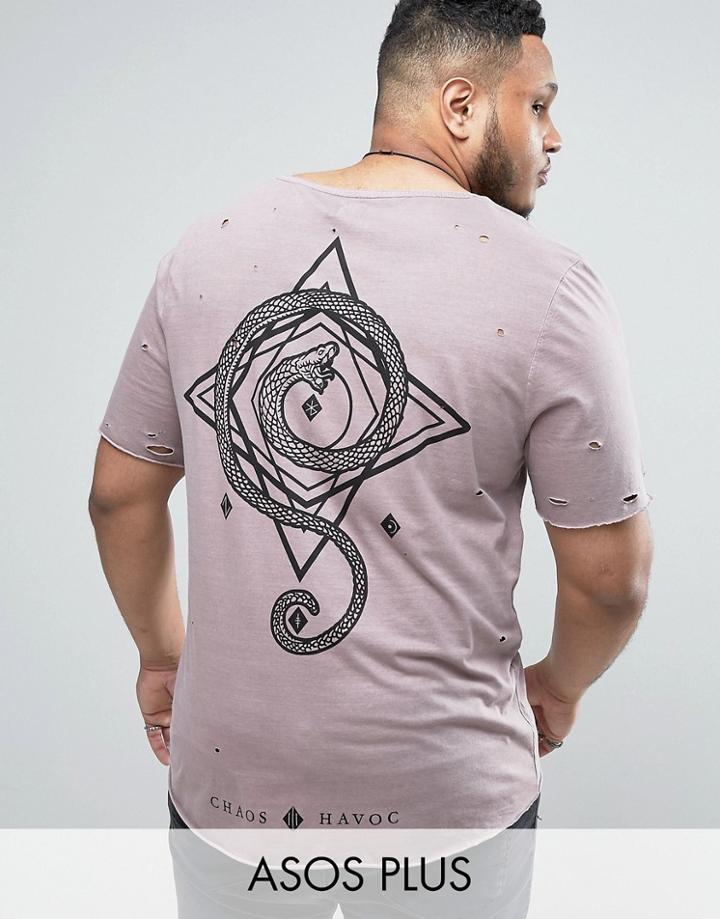 Asos Plus Longline T-shirt With Back Print And Distressing In Skater Fit - Brown