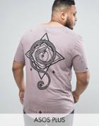Asos Plus Longline T-shirt With Back Print And Distressing In Skater Fit - Brown
