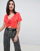 Asos Design Ruffle Lace Up Top With Short Sleeve - Orange