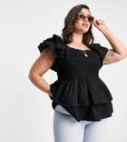 River Island Plus Ruffle Short Sleeve Layered Poplin Top In Black-white
