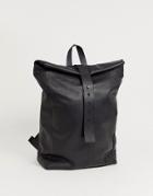 Asos Design Leather Backpack In Black With Roll Top And Front Strap - Black