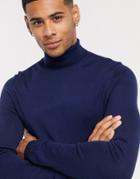 Asos Design Muscle Fit Merino Wool Roll Neck Sweater In Navy