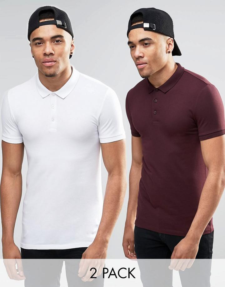 Asos Extreme Muscle Jersey Polo 2 Pack White/ Burgundy Save 15%