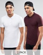 Asos Extreme Muscle Jersey Polo 2 Pack White/ Burgundy Save 15%