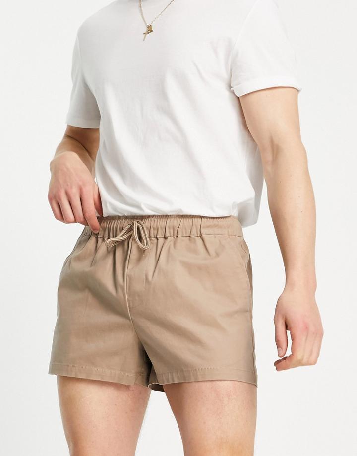 Asos Design Slim Chino Shorter Shorts With Elasticated Waist In Beige-neutral