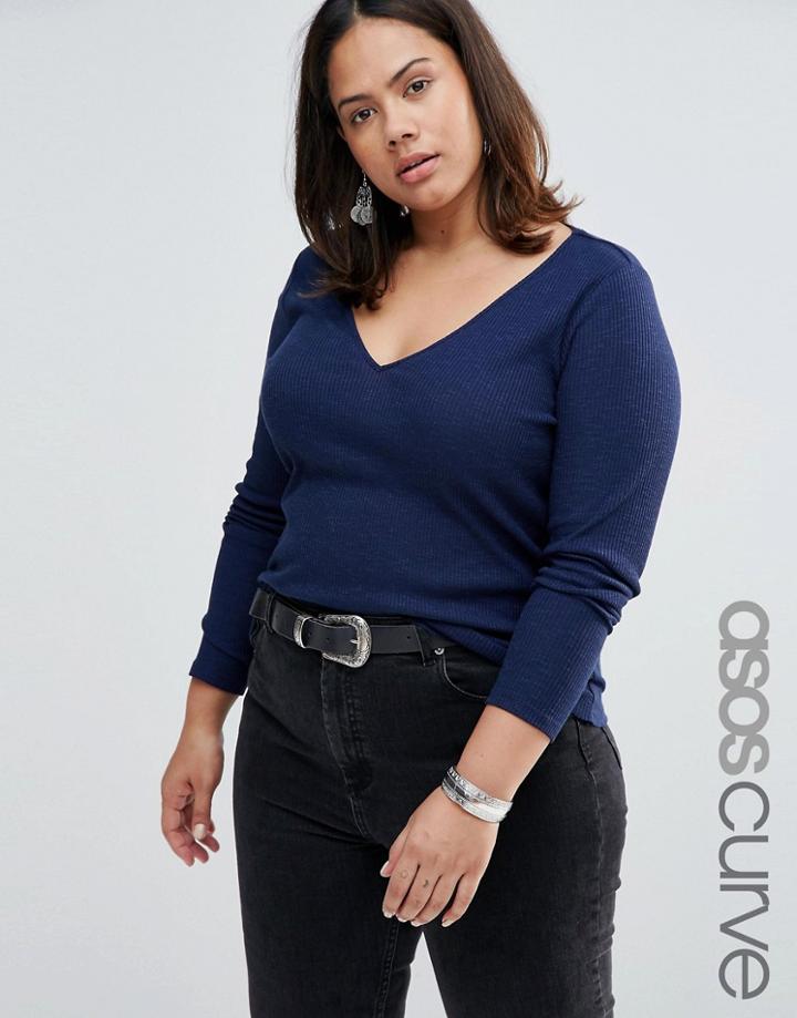 Asos Curve Fitted V Neck In Slub - Navy
