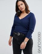 Asos Curve Fitted V Neck In Slub - Navy