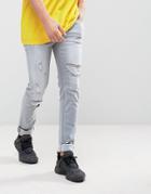 Asos Skinny Jeans In Light Gray With Heavy Rips - Gray